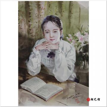 朴仁建《看书的少女》朝鲜水彩人物