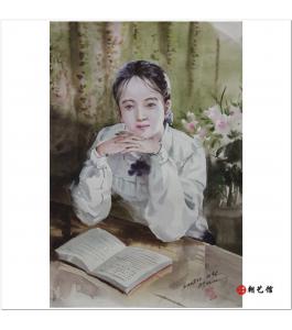 朴仁建《看书的少女》朝鲜水彩人物