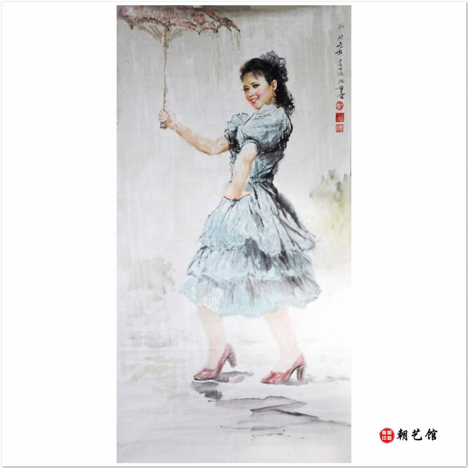 朴昌龙《啊！凉快的雨天》朝鲜国画人物