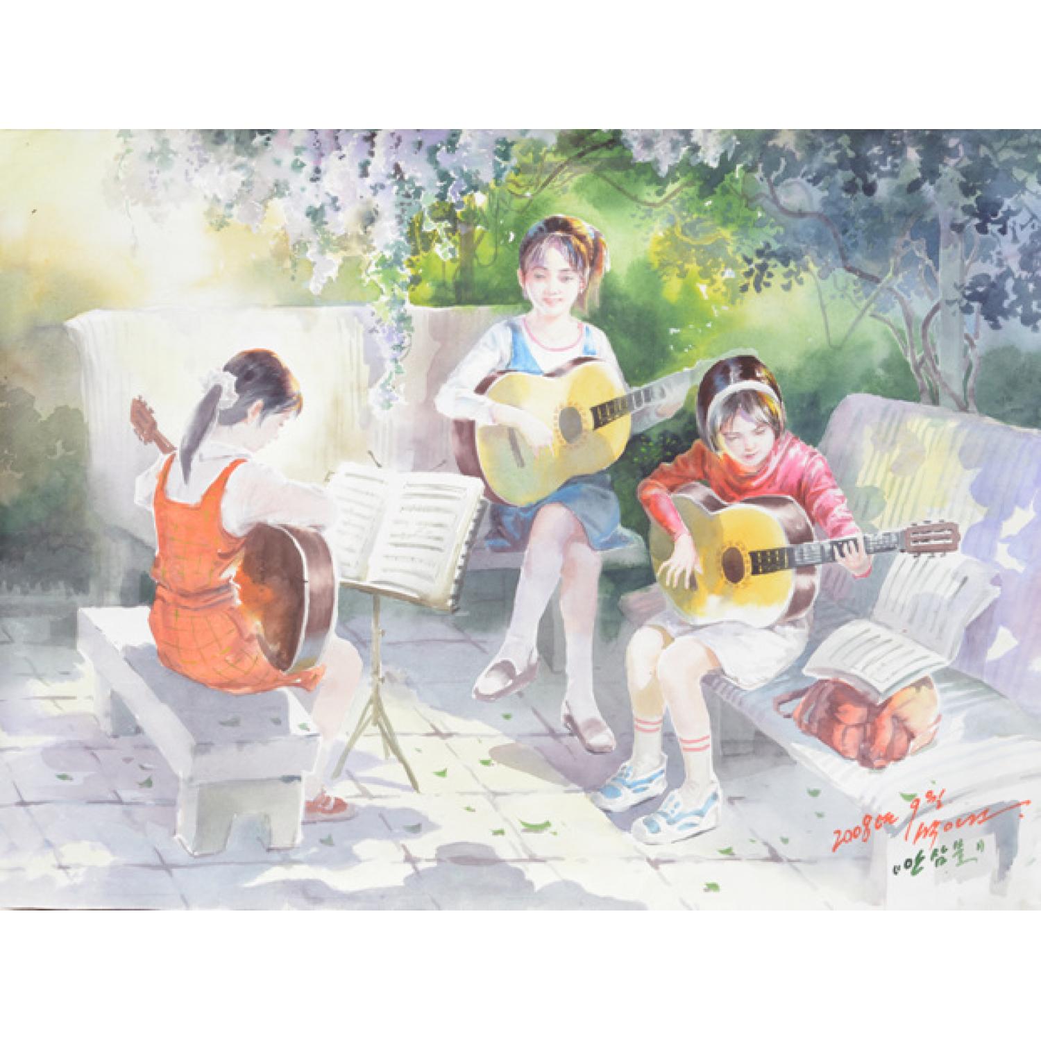 朴仁建《吉他少女》朝鲜水彩人物