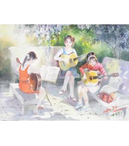 朴仁建《吉他少女》朝鲜水彩人物