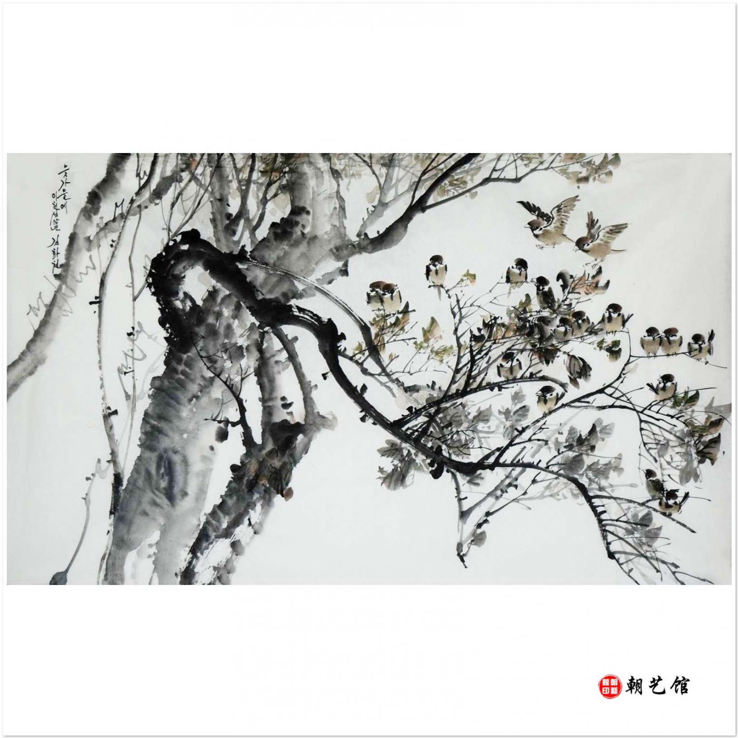 金华天《枝头雀》朝鲜国画