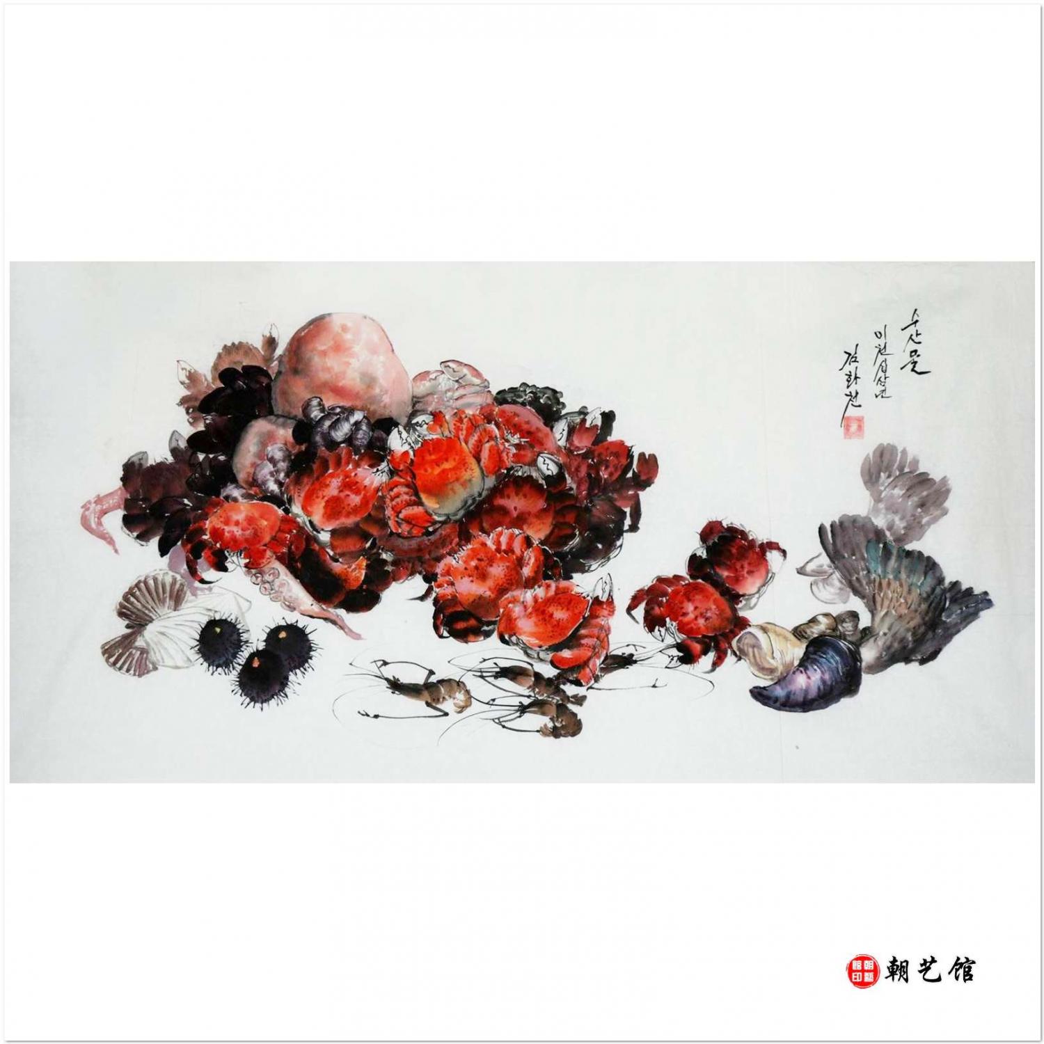 金华天《水产物》朝鲜国画