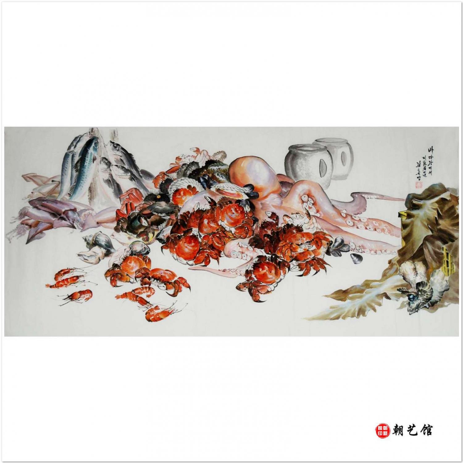 金春阳《在海边》朝鲜国画