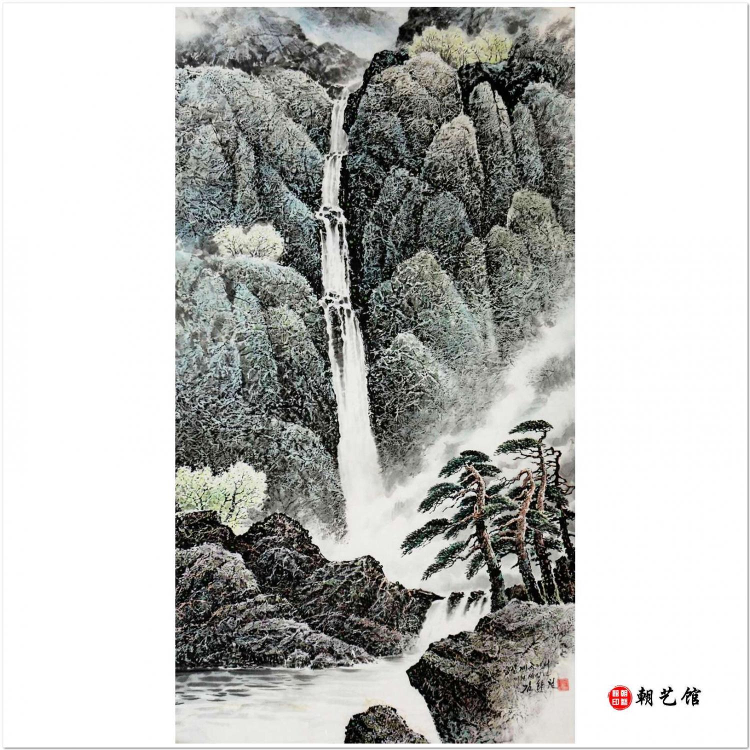 金华天《在金刚山峡谷》朝鲜国画
