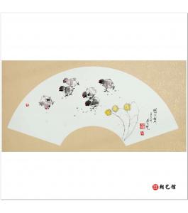 金恩星《小鸡兄弟》朝鲜国画扇面