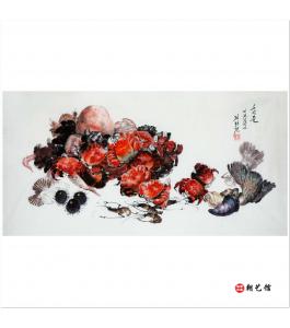 金华天《水产物》朝鲜国画