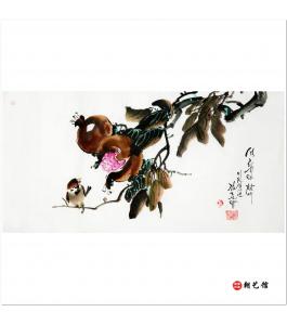 金春阳《石榴与麻雀2》朝鲜国画