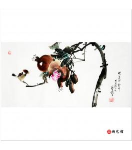金春阳《石榴与麻雀1》朝鲜国画