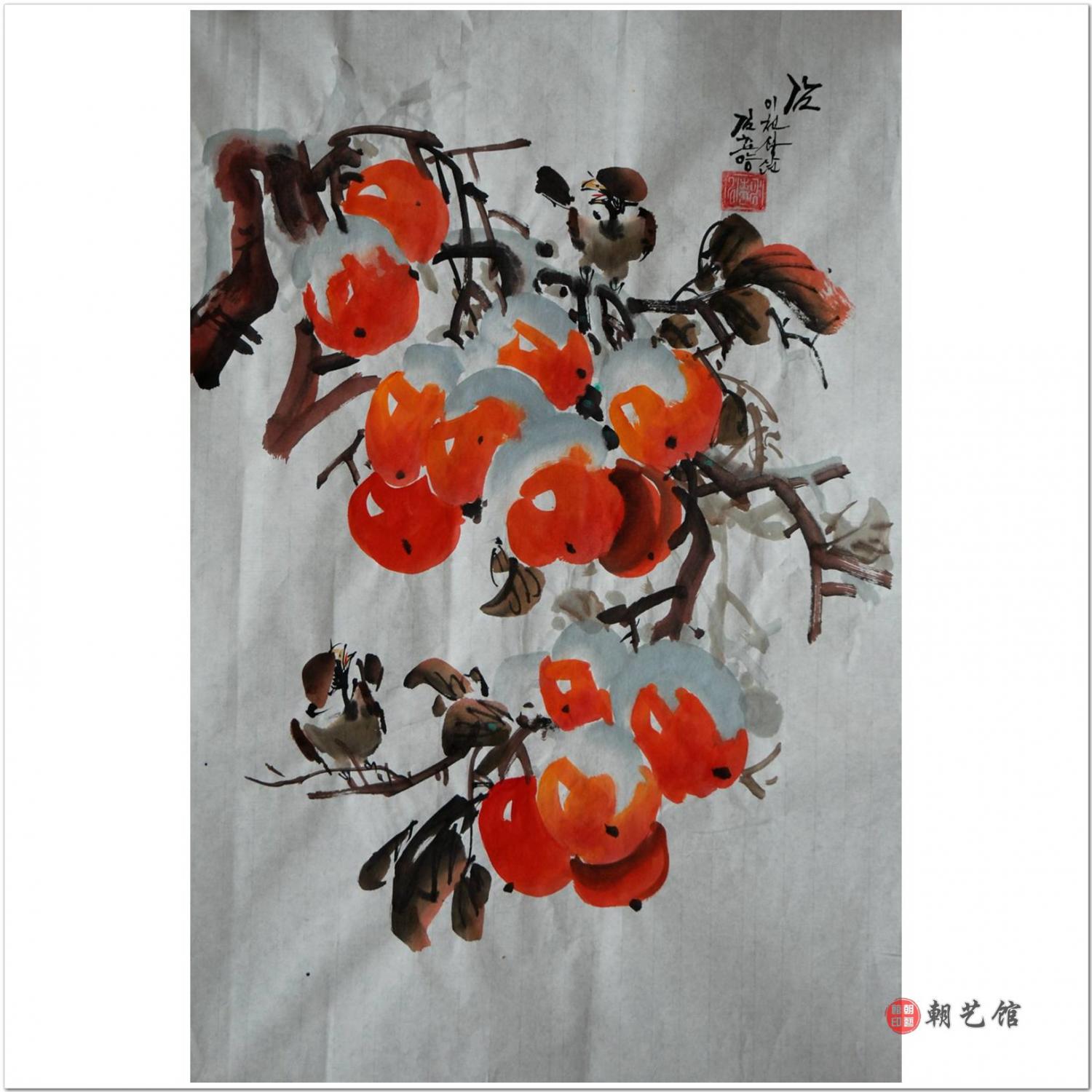 金春阳《冬天的柿子1》朝鲜国画