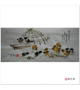 金春阳《可爱的小鸡2》朝鲜国画