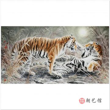李海龙《月夜下的双虎》朝鲜国画