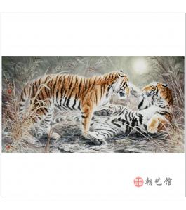 李海龙《月夜下的双虎》朝鲜国画