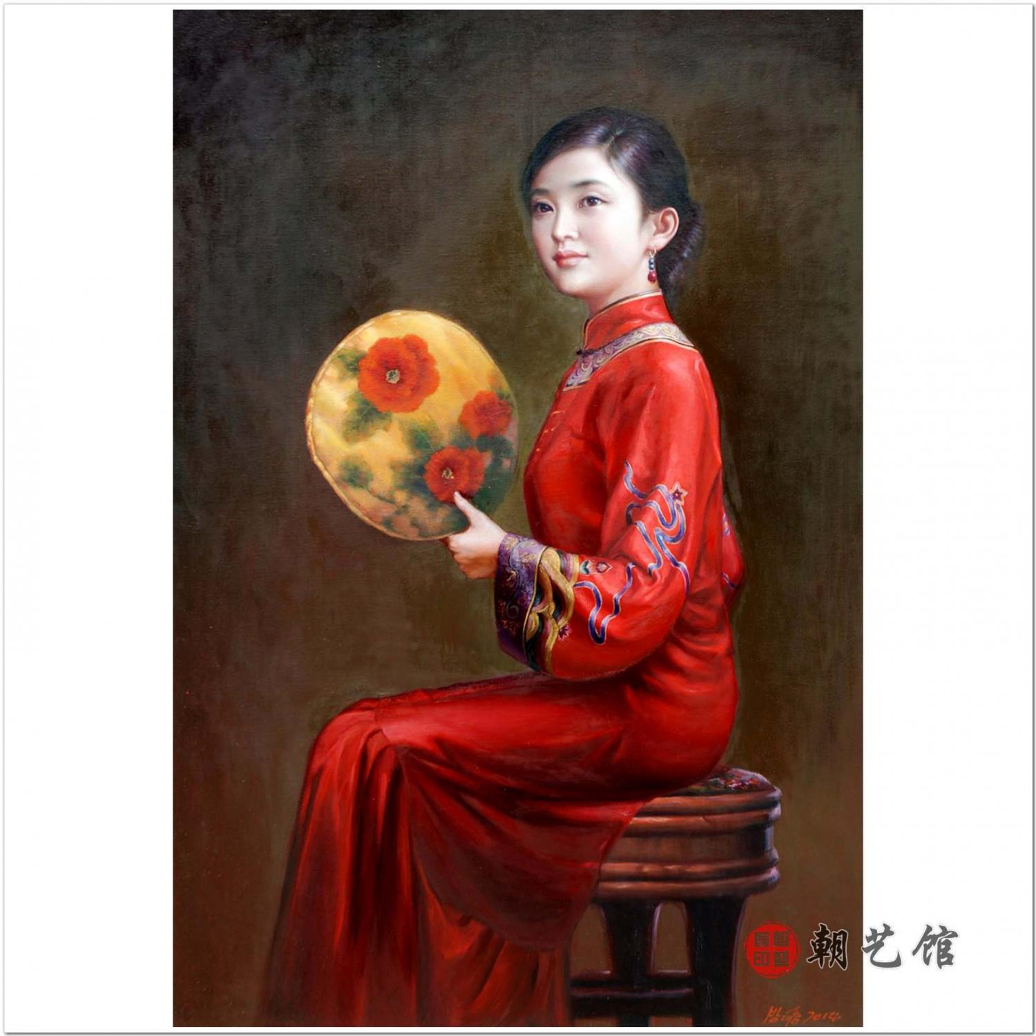 方大兴《拿着圆扇端坐的女子》朝鲜油画-1-20询