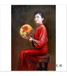 方大兴《拿着圆扇端坐的女子》朝鲜油画-1-20询