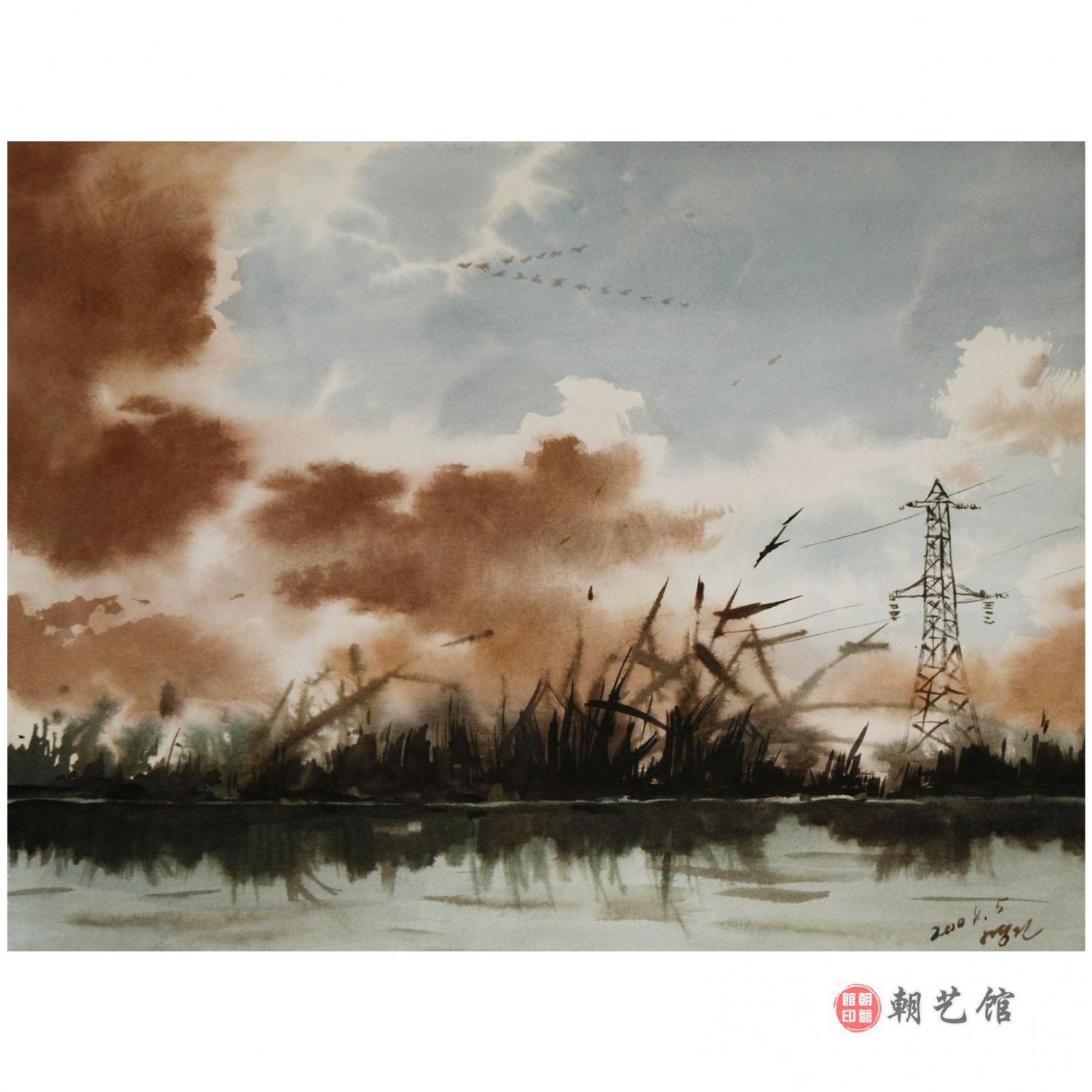 金明健《河水》朝鲜水彩