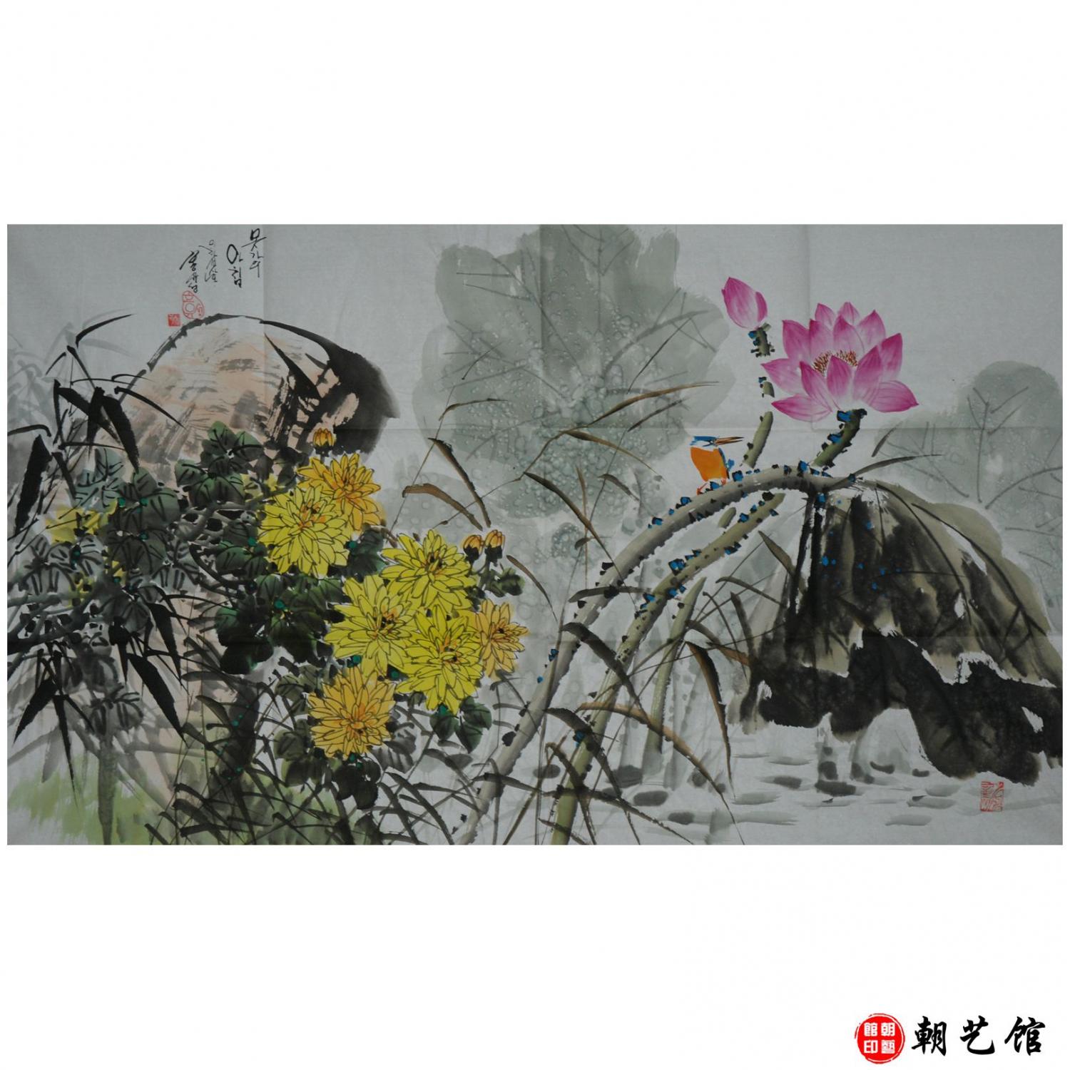洪有成《荷塘的清晨》朝鲜国画-jdzx-djdjdj