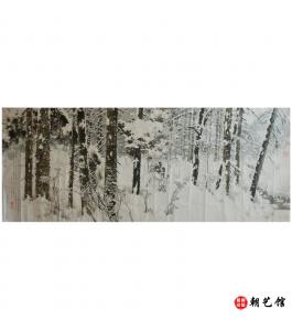 李京男《白桦林的春》朝鲜国画-xgf