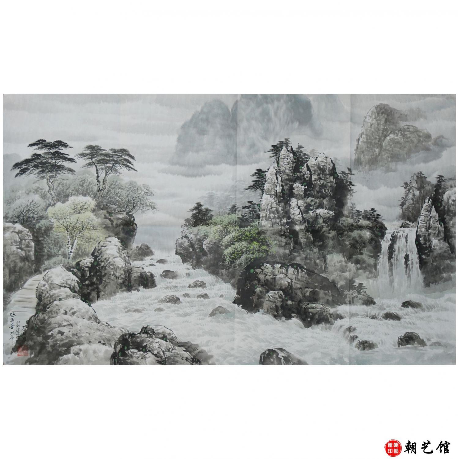 张美琼《万瀑洞峡谷》朝鲜国画-jdzx