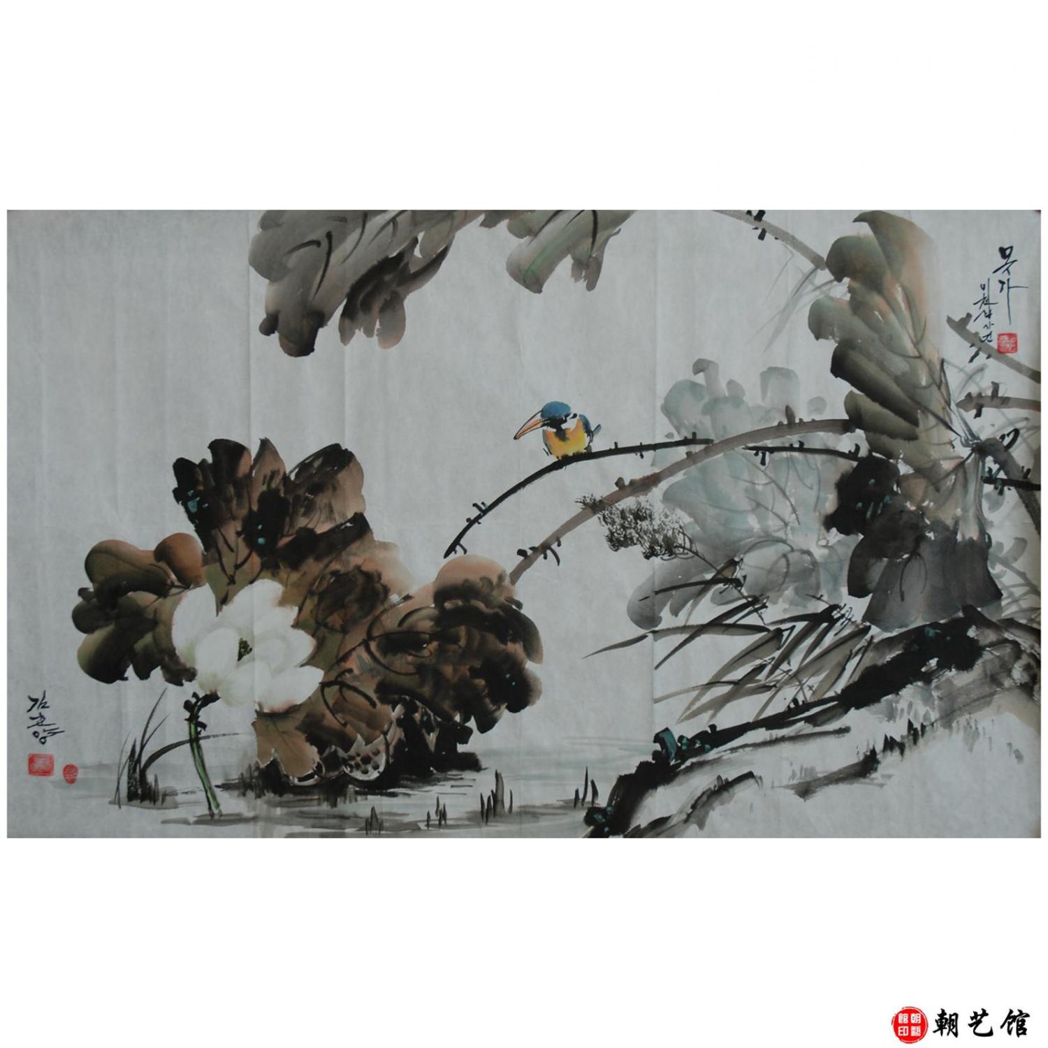 金春阳《池塘荷边》朝鲜国画