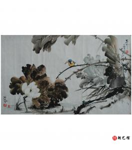 金春阳《池塘荷边》朝鲜国画