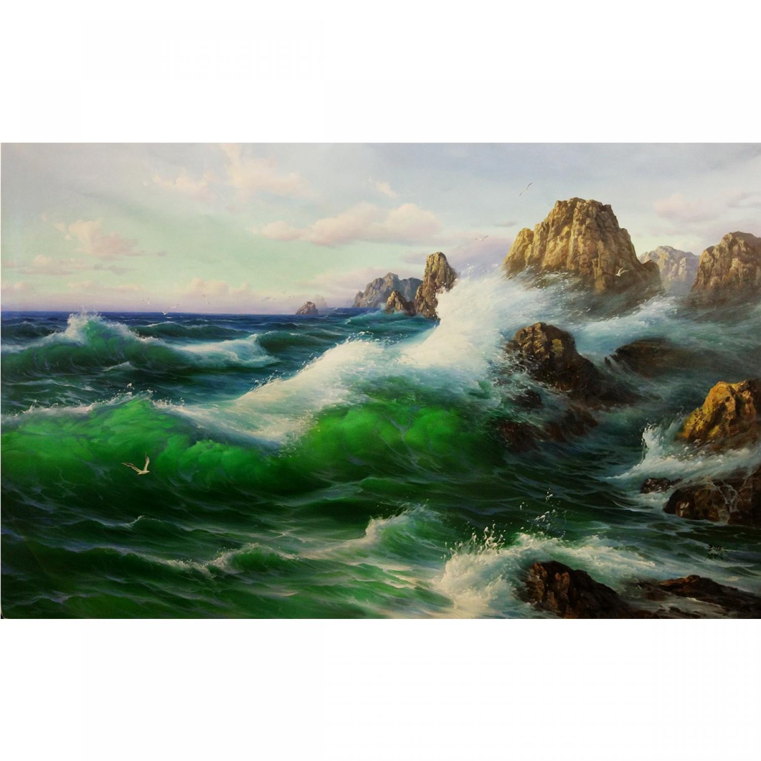 金成根《惊涛拍岸》朝鲜油画