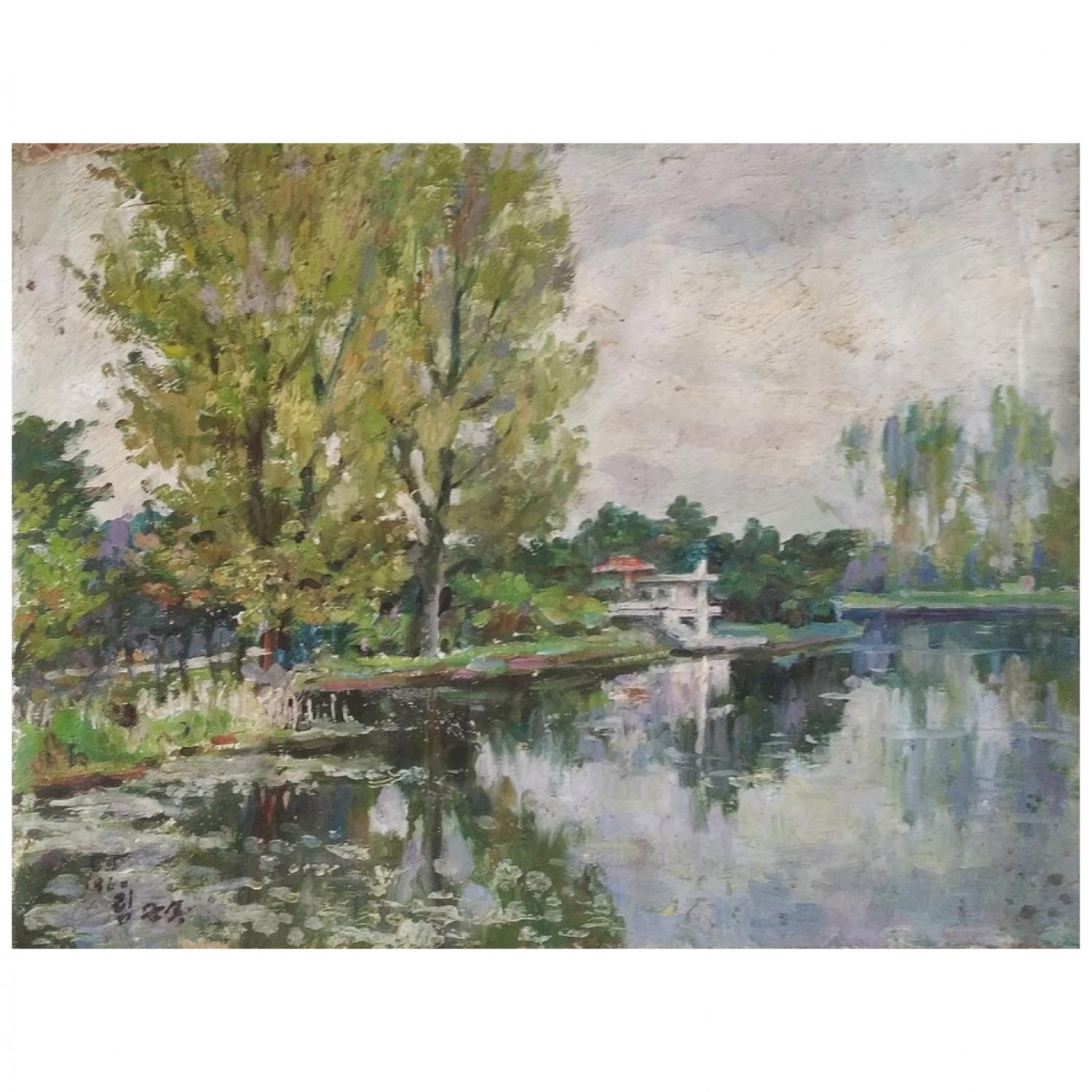 林君鸿《荷塘》朝鲜油画-L820