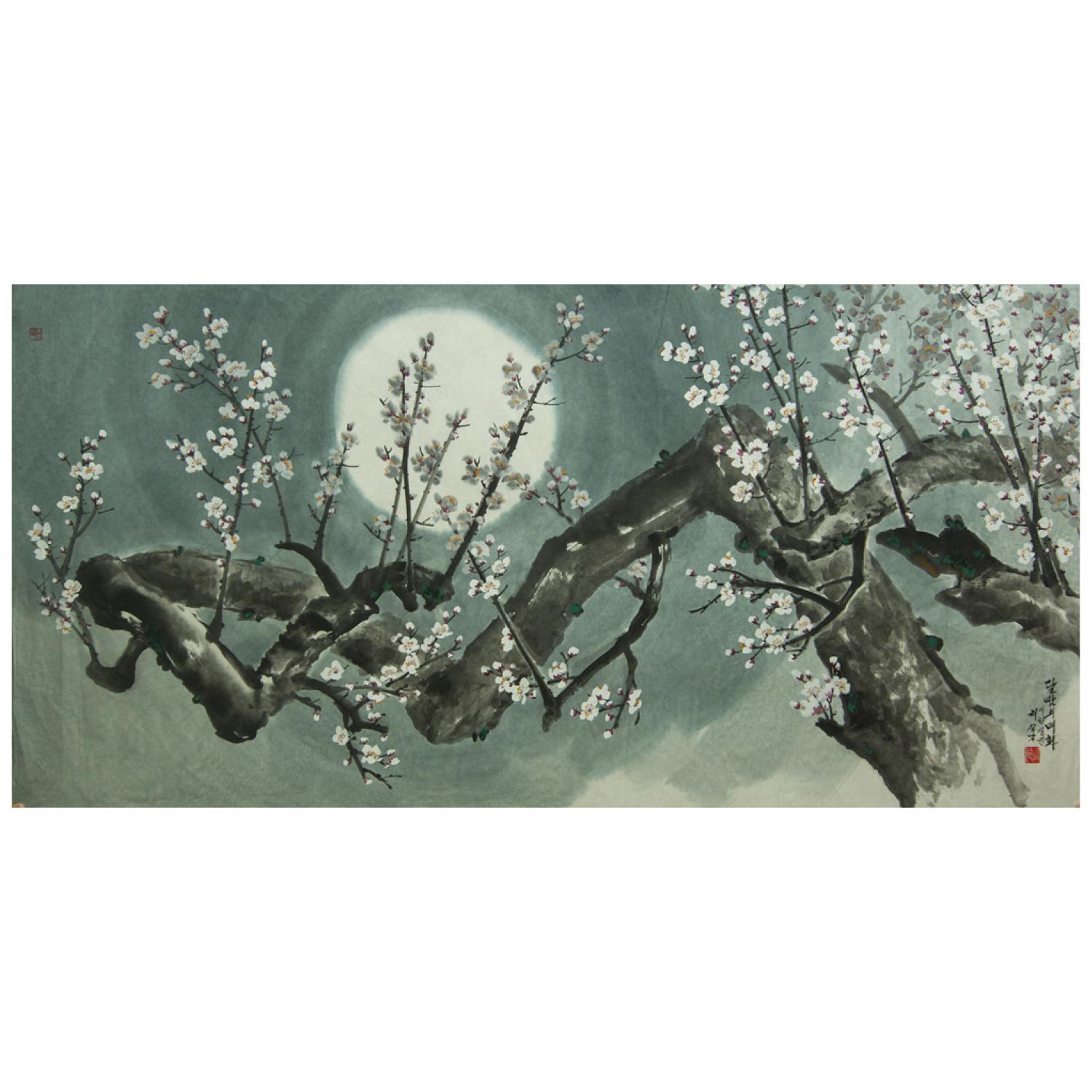 李吉男《月夜梅花》朝鲜国画