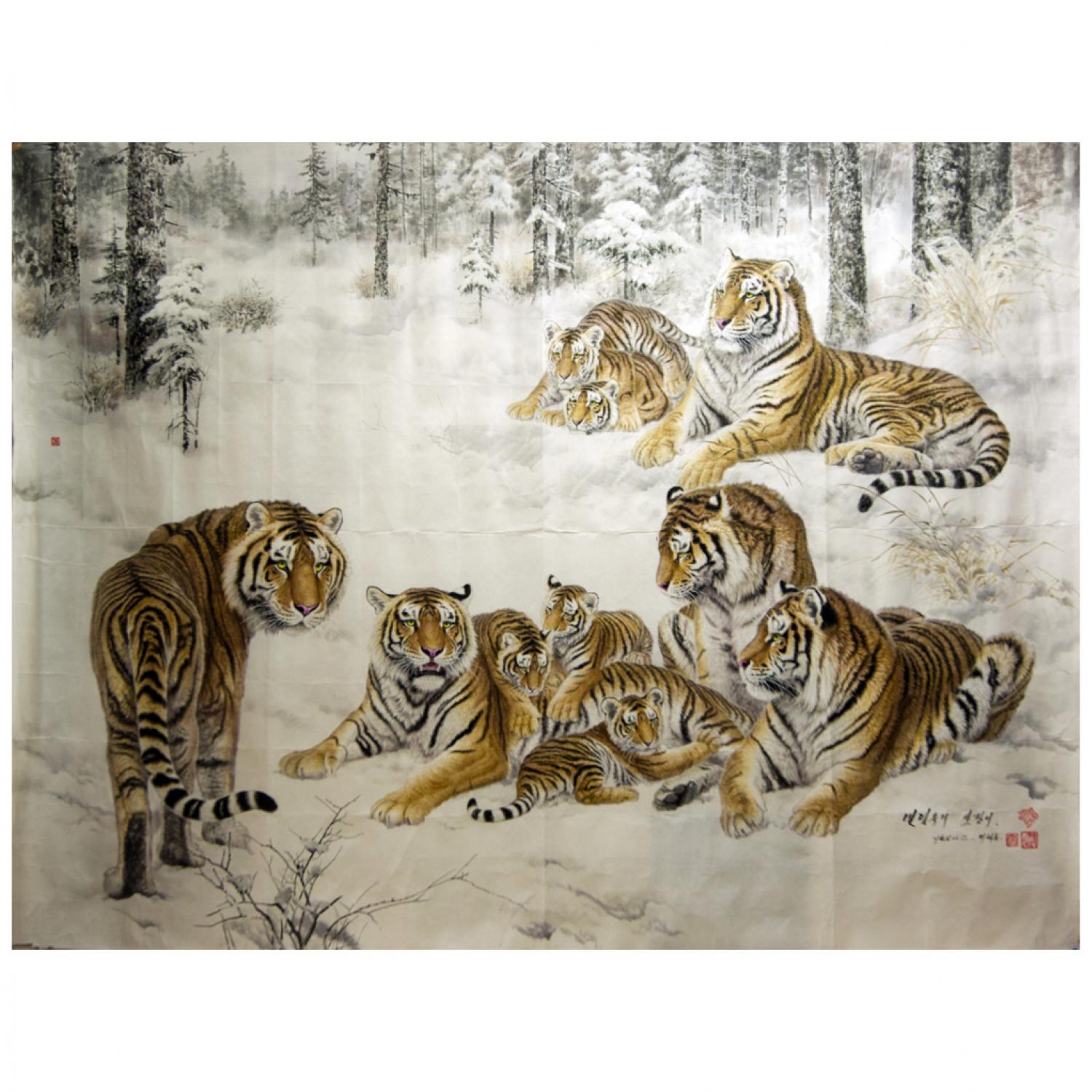 李海龙《松林中的老虎》朝鲜国画-L820