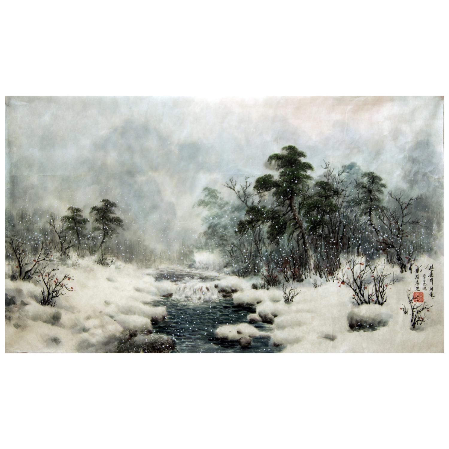 金春田《山村的冬天》朝鲜国画-628xj