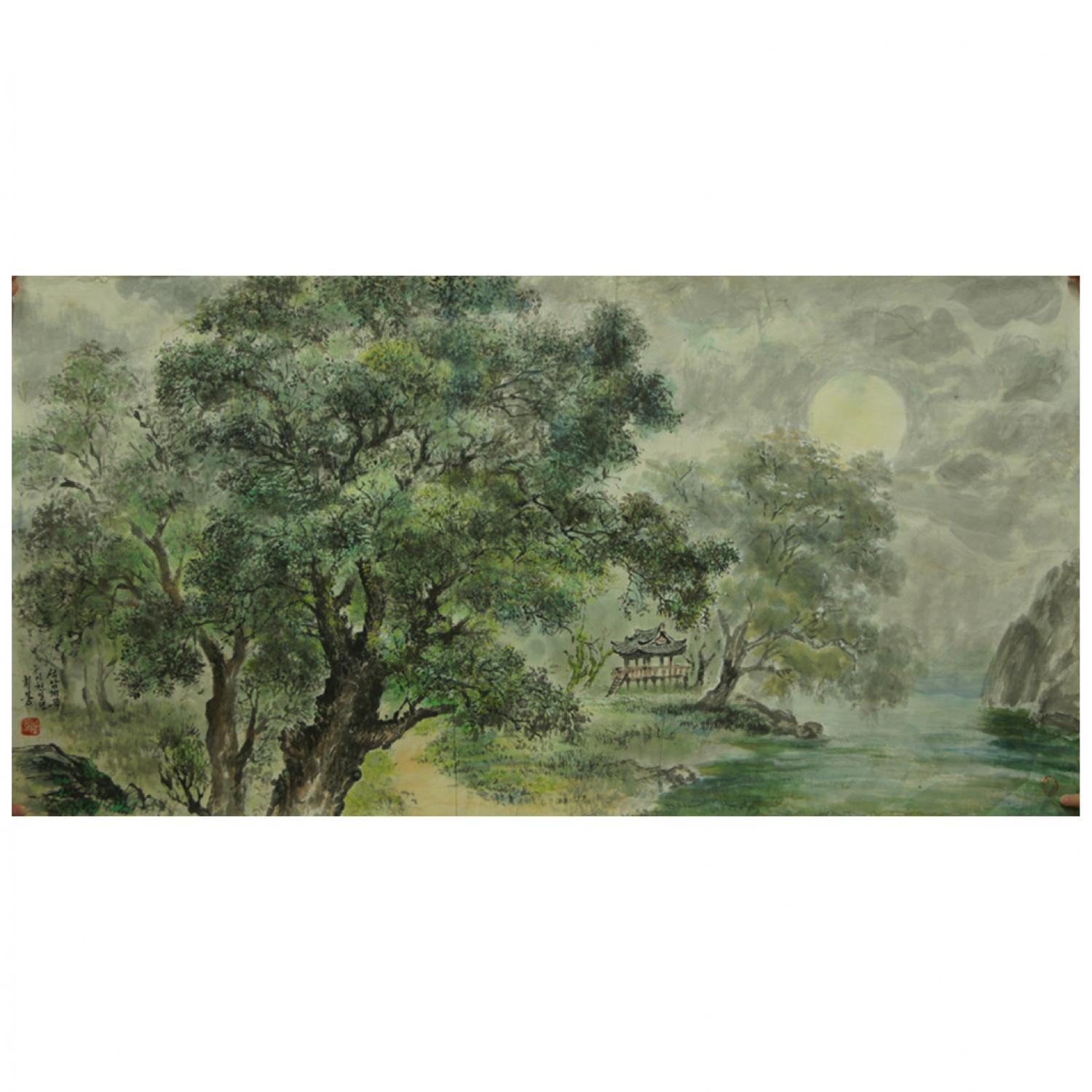 韩熙峰《柳下月色》朝鲜国画