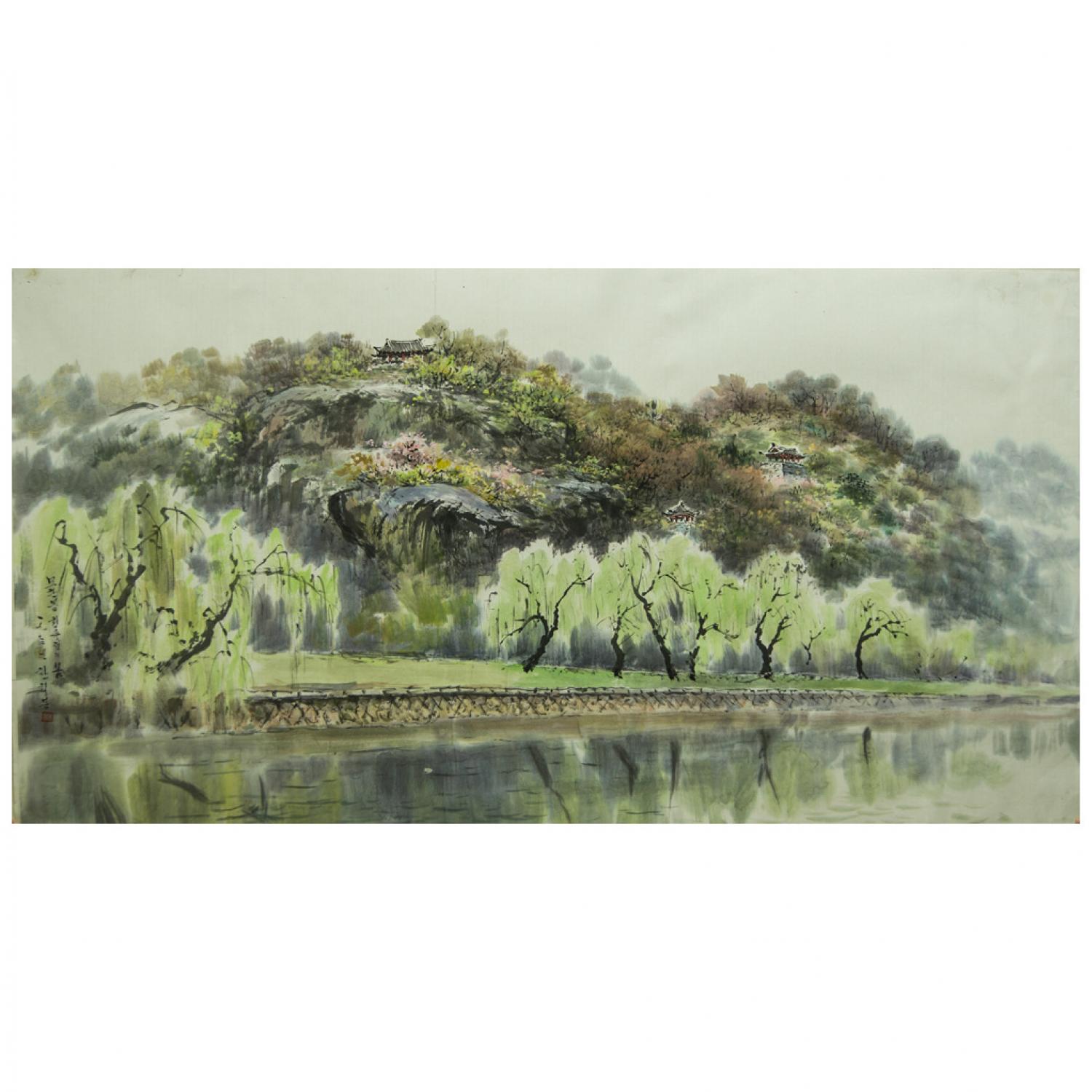 韩熙峰《堤岸柳绿》朝鲜国画