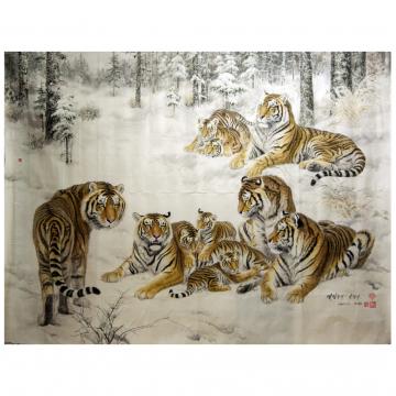 李海龙《松林中的老虎》朝鲜国画-L820