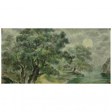 韩熙峰《柳下月色》朝鲜国画