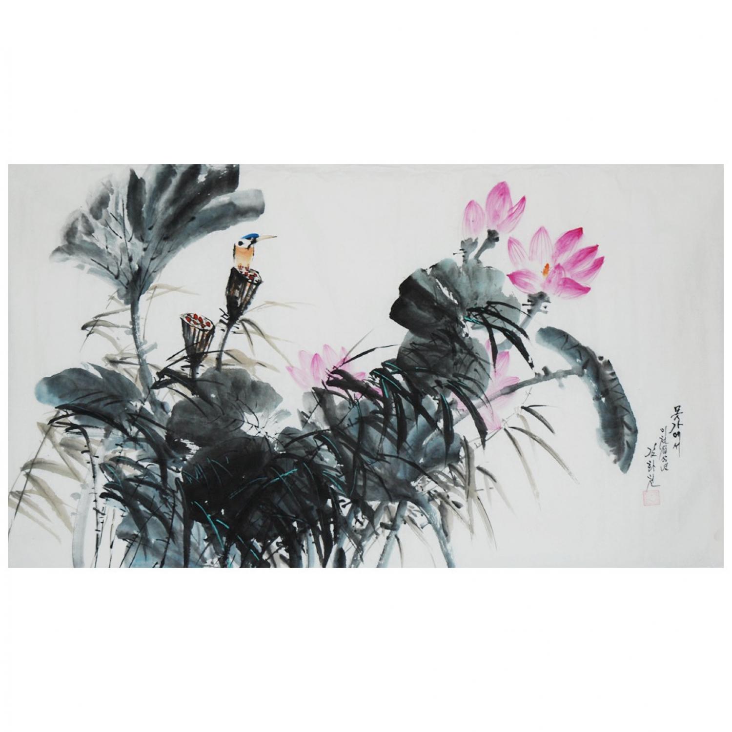 金华天《莲花池塘》朝鲜国画