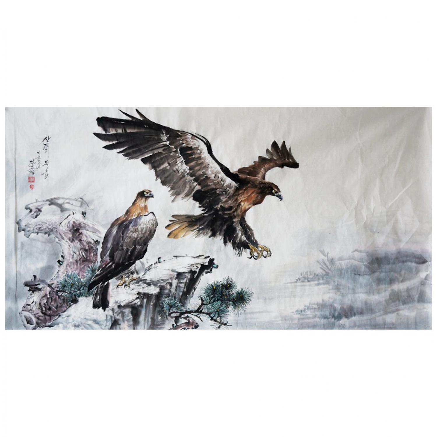 金春阳《山顶外的鹰》朝鲜国画
