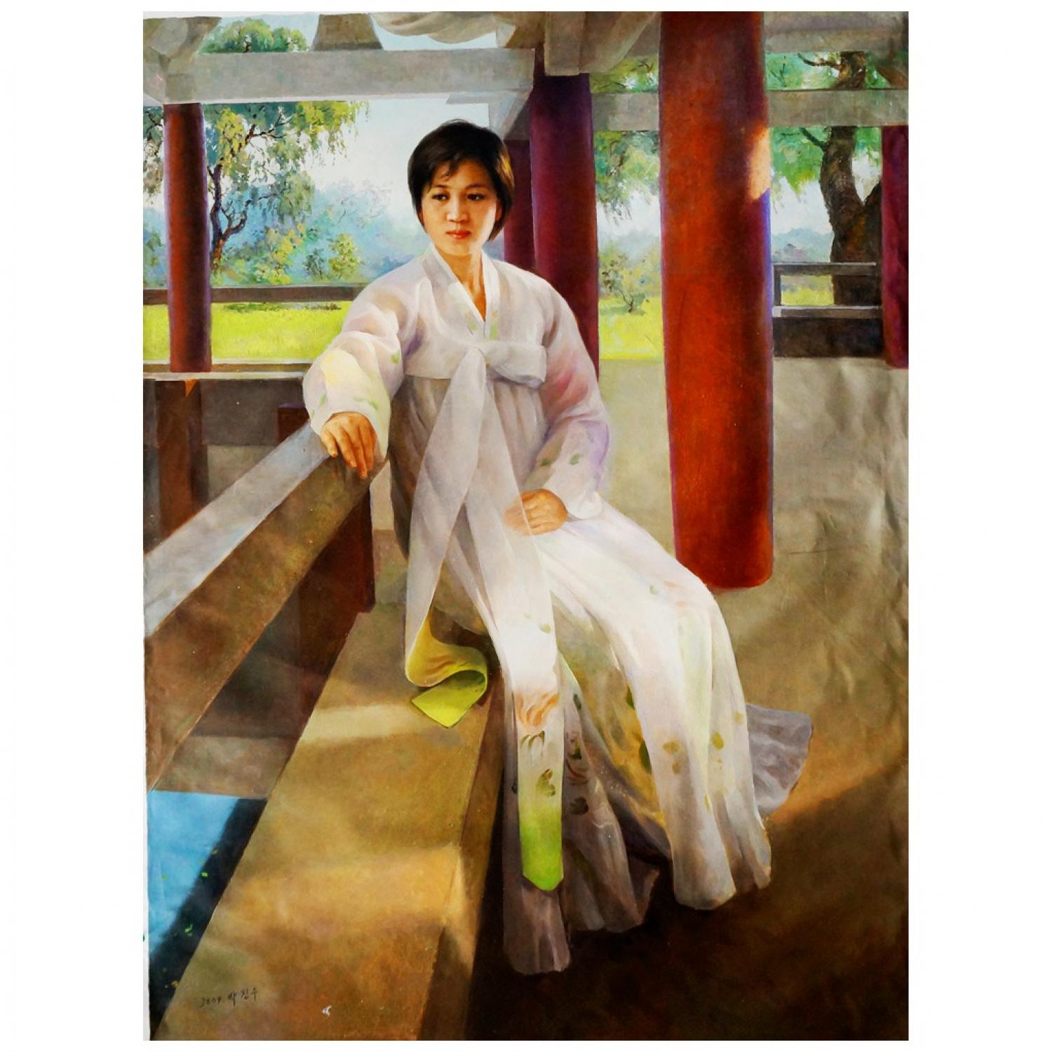 朴振洙《依栏凝水》朝鲜油画