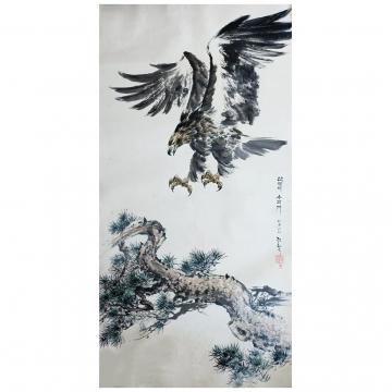 李慧玉《鹰与松树》朝鲜国画动物