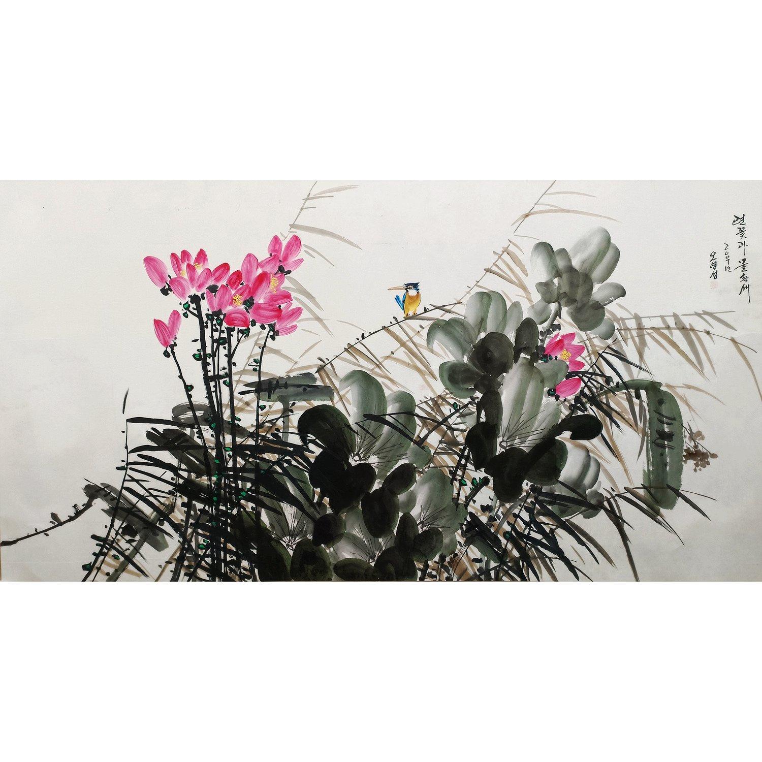 吴永成《莲花池塘》朝鲜国画