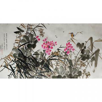 姜学哲《荷花翠鸟》朝鲜国画