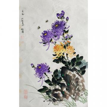 李京男《菊花》朝鲜国画