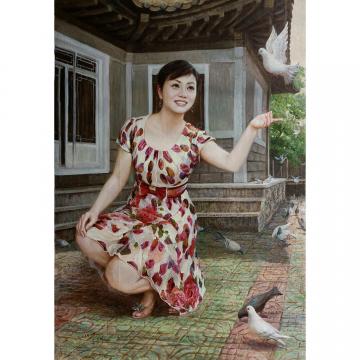 俞春美《院子里》朝鲜油画